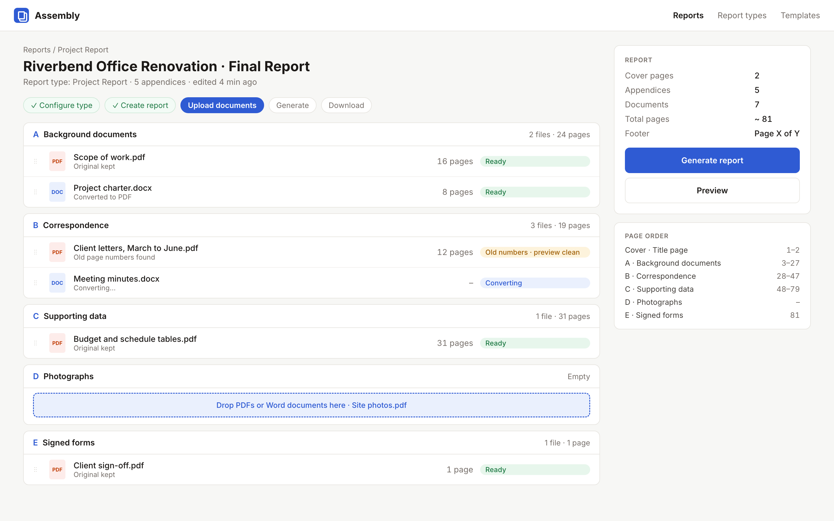 Building a report in Assembly: documents dropped into appendix slots A to E, with conversion and page-number status, the report summary and the page order