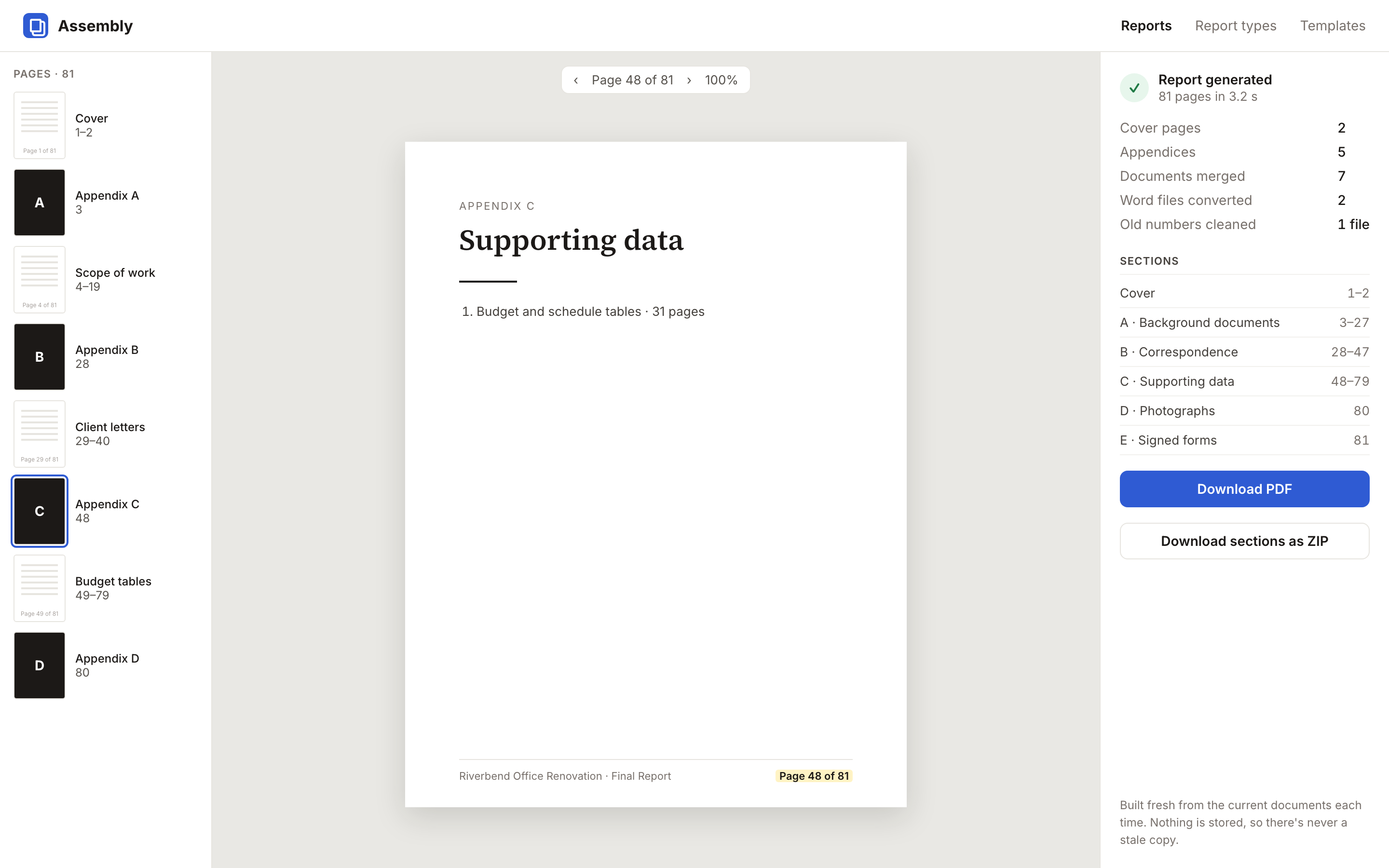 The generated report in Assembly: page thumbnails with appendix dividers, a divider page showing Page 48 of 81 in the footer, and download options