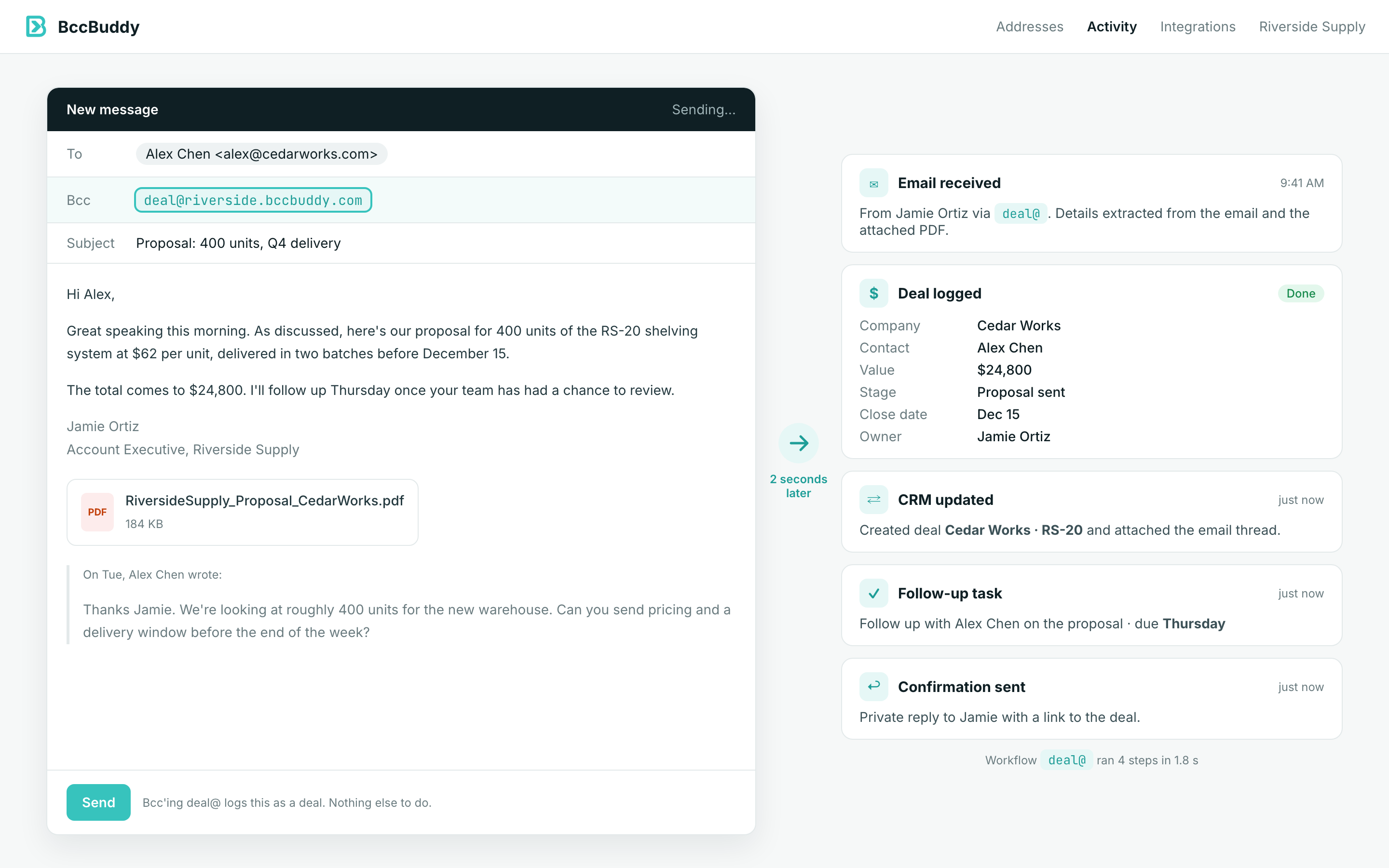 An email with deal@ in the Bcc line, and the BccBuddy activity it triggers: the deal logged with its details, the CRM updated, a follow-up task and a confirmation