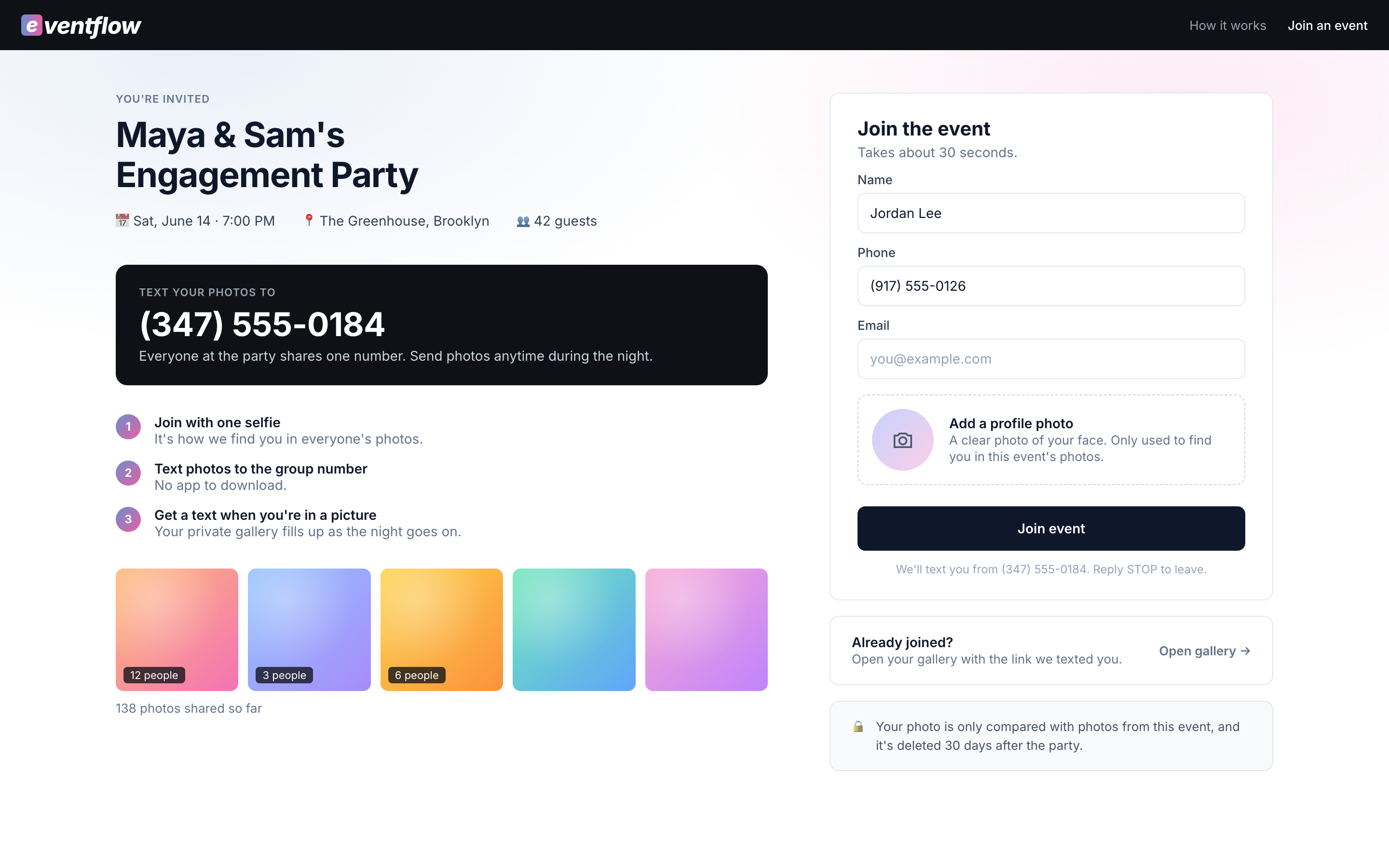 An Eventflow event page: the group number to text photos to, and a short form to join with a name, phone and one profile photo