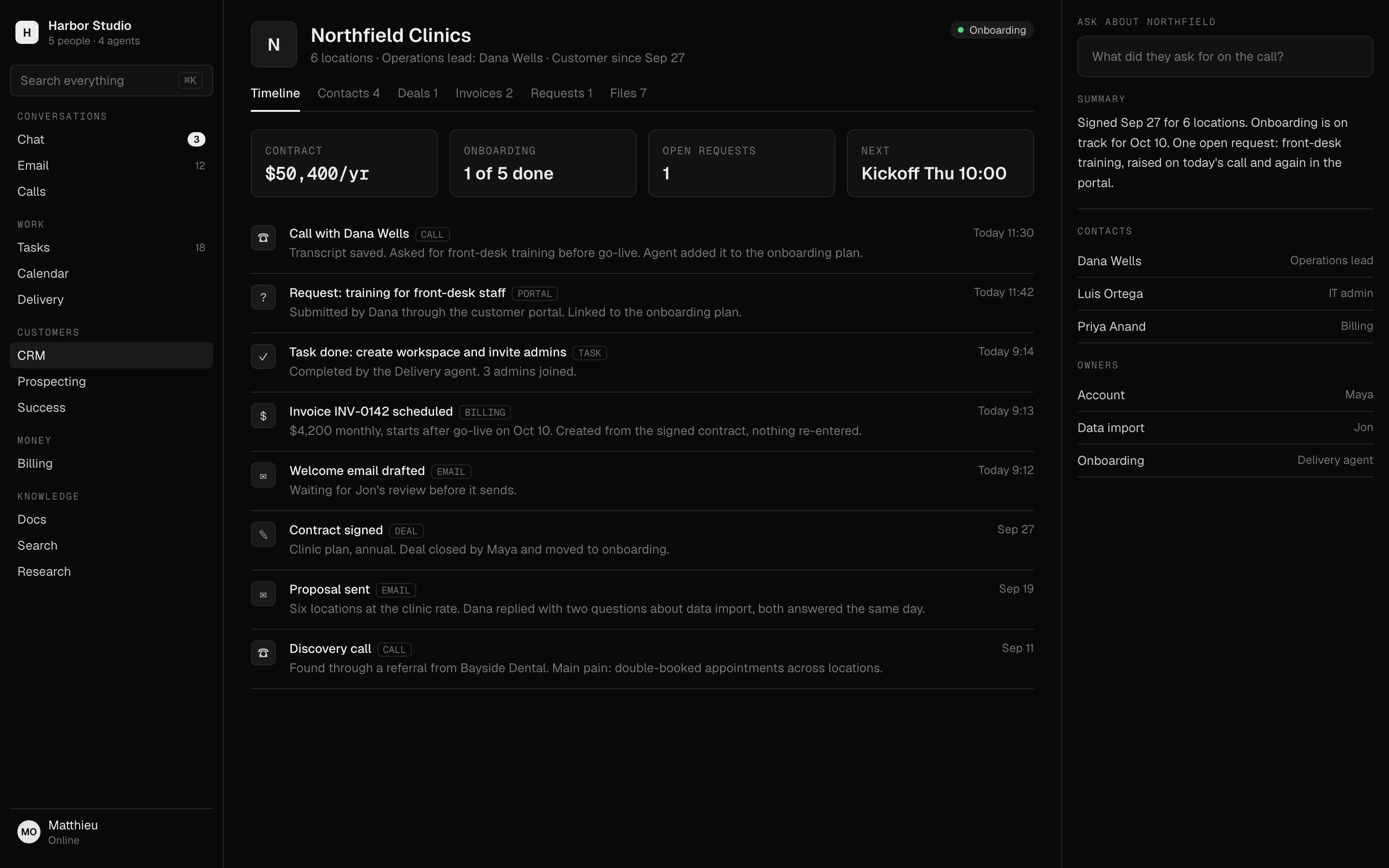 The Northfield Clinics customer record in Nano: one timeline with the call and its transcript, a portal request, a finished task, a scheduled invoice, emails and the signed contract