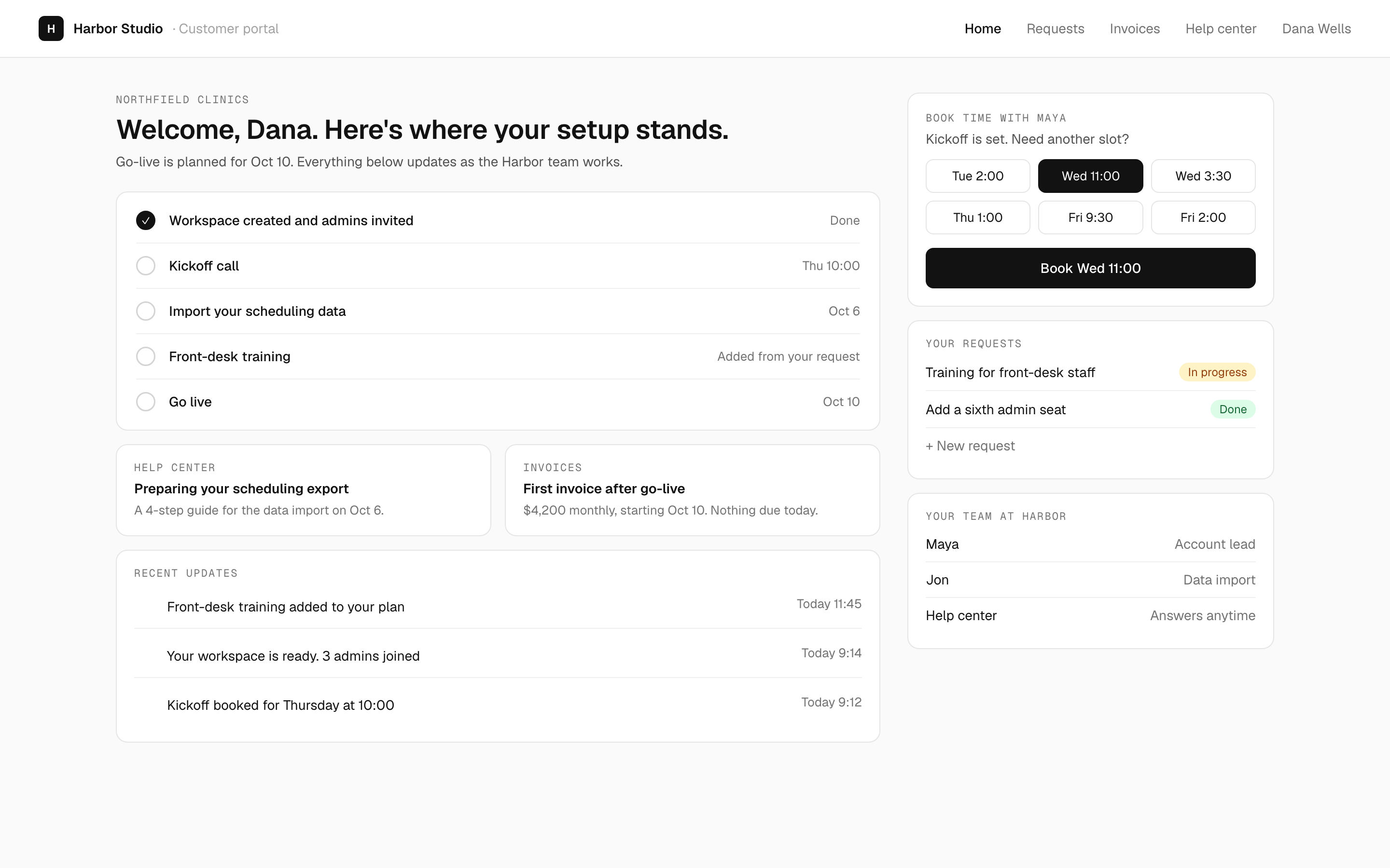 The customer portal Northfield sees: their setup steps, booking time with their account lead, their requests, invoices and help center