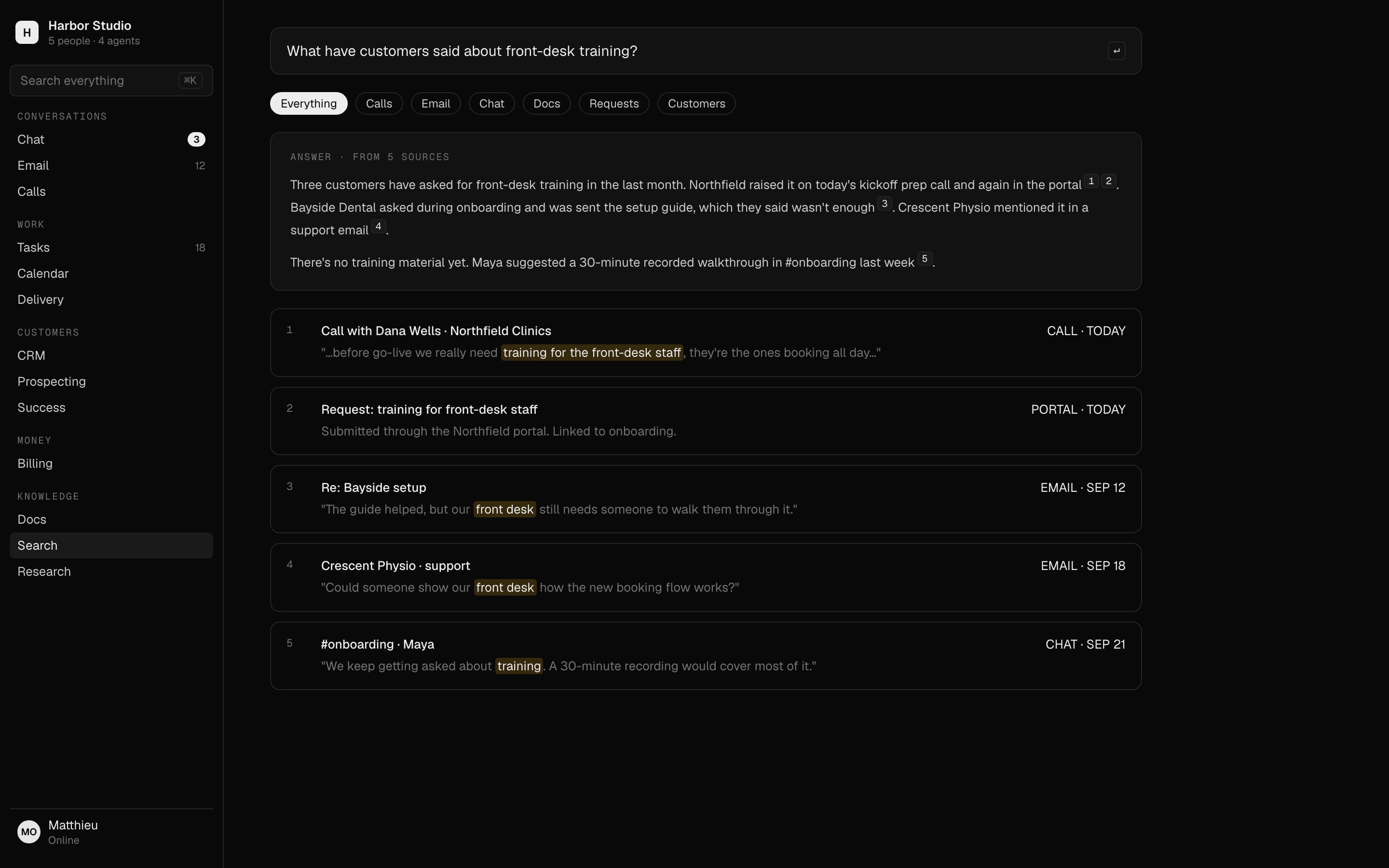Search in Nano: a question about front-desk training answered from five sources across calls, email, chat and customer requests