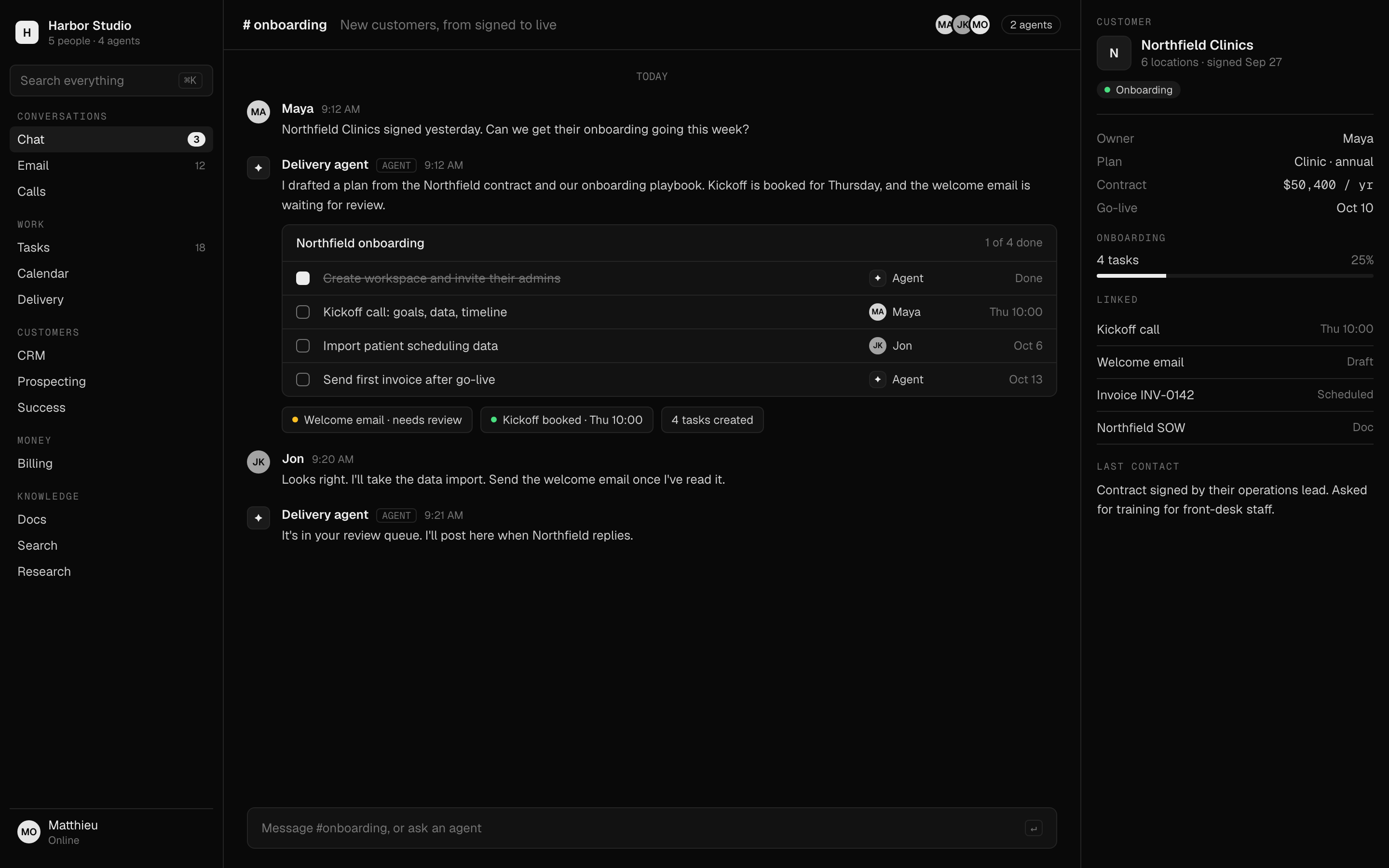 Nano Operations: a chat channel where an agent turns a signed customer into an onboarding plan, with the customer record alongside